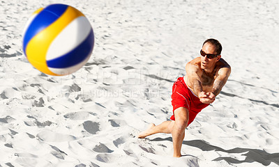 Buy stock photo Beach sand, sports man and air volley ball in game, competition or outdoor practice challenge, match or contest. Athlete skill, volleyball player or play in competitive recreation, activity or action