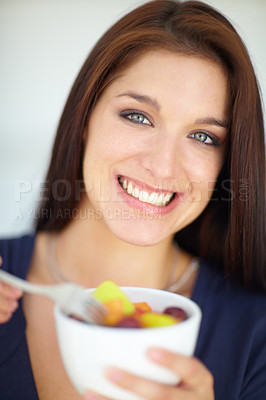 Buy stock photo Portrait, smile and woman eating salad for nutrition, vitamin c and healthy vegan diet in studio isolated on white background. Face, food and happy person with vegetables, organic meal or breakfast