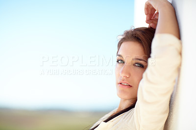 Buy stock photo Fashion, serious and portrait of woman with beauty on balcony with shirt for attractive, sensual and sexy pose. Stylish, classy and confident female model from Australia with hot and edgy style.