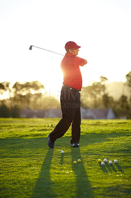 Buy stock photo Golf, stroke and man with club on course outdoor for training, workout or fitness on sunset mockup space. Golfing, driver and person swinging for game, competition or exercise, sports and lens flare.