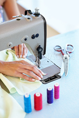Buy stock photo Sewing machine, clothes and hands for tailor service, fashion designer and dressmaker workshop. Boutique startup, small business and person with fabric, material and textiles for stitching clothing