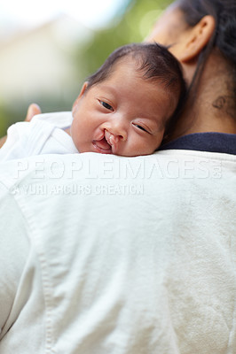 Buy stock photo Portrait, cleft palate and baby with health, care and hug with mother, relax and bonding together. Face, mama and happy infant embrace, medical condition and family with newborn, mouth and resting