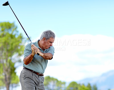 Buy stock photo Swing, old man or golfer playing golf for fitness, workout or stroke exercise on a course in retirement. Mature, golfing or senior player training in sports game driving with club or driver outdoors