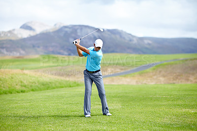 Buy stock photo Fitness, man or golfer playing golf for fitness, workout or exercise with a swing on a green course. Wellness, person golfing or athlete training in action or sports game driving with a club stroke