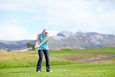 Buy stock photo Swing, woman or golfer playing golf for fitness, workout or exercise with a driver on a green course. Wellness, girl golfing or athlete training in action or sports game driving with a club stroke