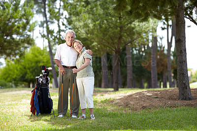 Buy stock photo Portrait, smile or happy old couple on golf course in fitness workout, exercise or round together on grass. Embrace, healthy elderly man hugging or smiling in golfing sports game with senior woman 