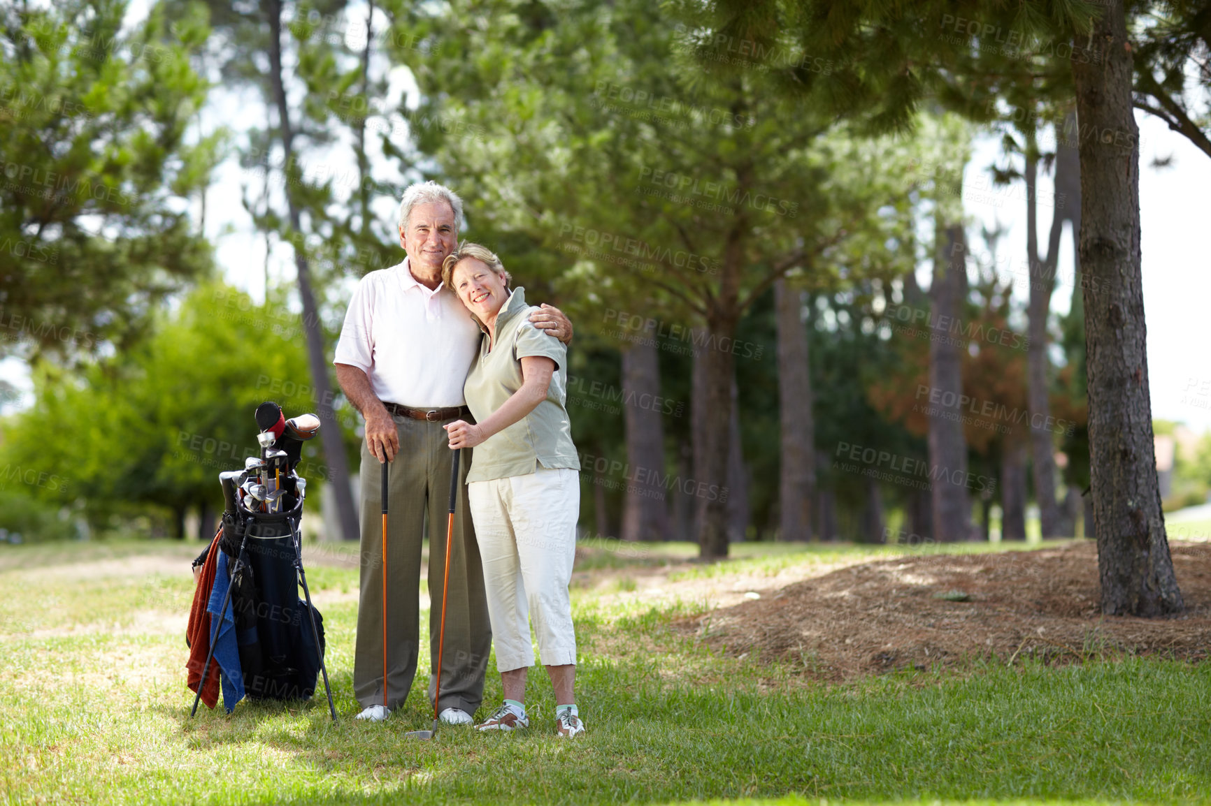 Buy stock photo Portrait, smile or happy old couple on golf course in fitness workout, exercise or round together on grass. Embrace, healthy elderly man hugging or smiling in golfing sports game with senior woman 