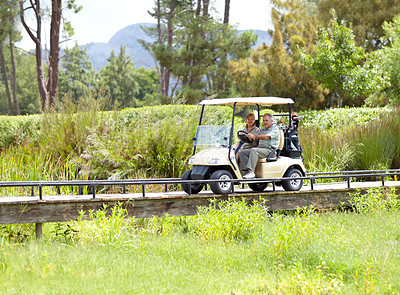 Buy stock photo Golf cart, old couple or golfers driving on field in fitness workout or exercise on green course together. Mature male driver, senior woman golfing or people training in sports game in retirement