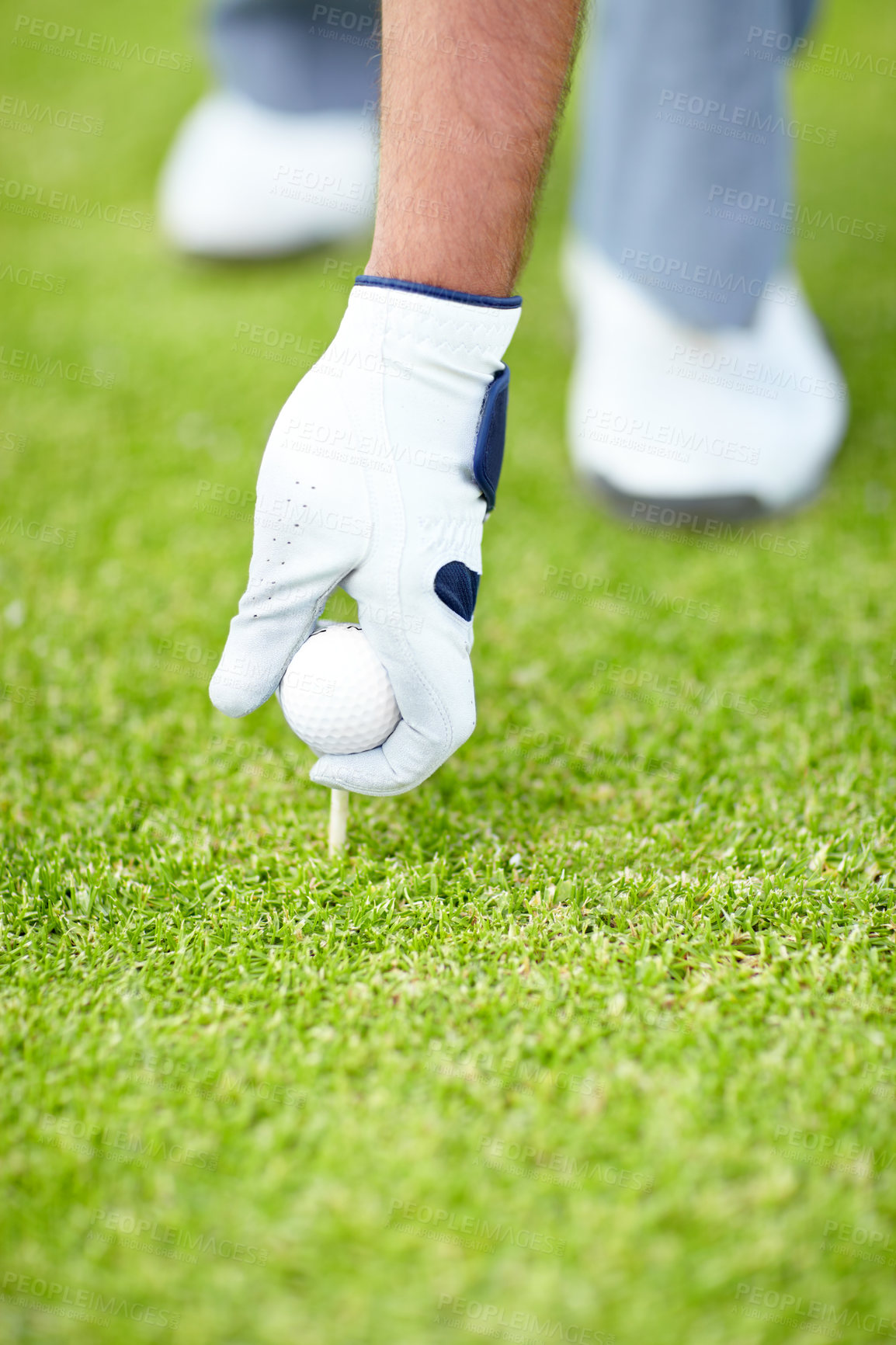 Buy stock photo Golf ball, sports or hand of man on the grass course outside ready to start golfing with gloves for training. Fitness, holding or closeup of athlete golfer with tees or pin on field in game practice