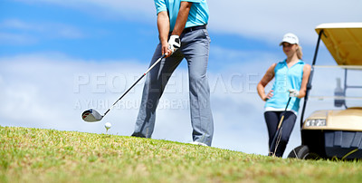 Buy stock photo Low angle, man or golfer playing golf for fitness, workout or exercise to swing with driver on course. Ball, person golfing or hands of athlete training in sports game driving with a club stroke 