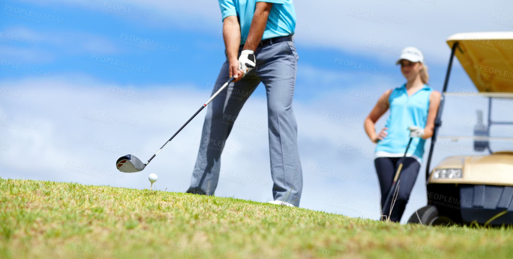 Buy stock photo Low angle, man or golfer playing golf for fitness, workout or exercise to swing with driver on course. Ball, person golfing or hands of athlete training in sports game driving with a club stroke 