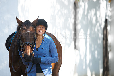 Buy stock photo Smile, portrait and a woman with a horse for sports, farm training and riding for hobby. Happy, adventure and young rider with an animal for equestrian exercise for competition or race in nature.