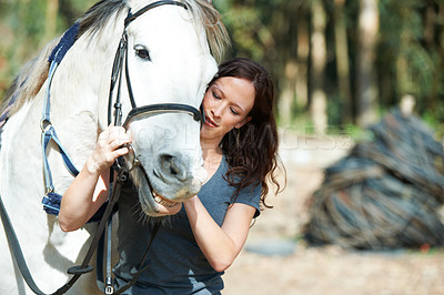 Buy stock photo Woman with horse in countryside, animal and equestrian with riding outdoor and ranch. Sports, recreation and farm with young rider in nature, stable and jockey with mare or pet, training for rodeo