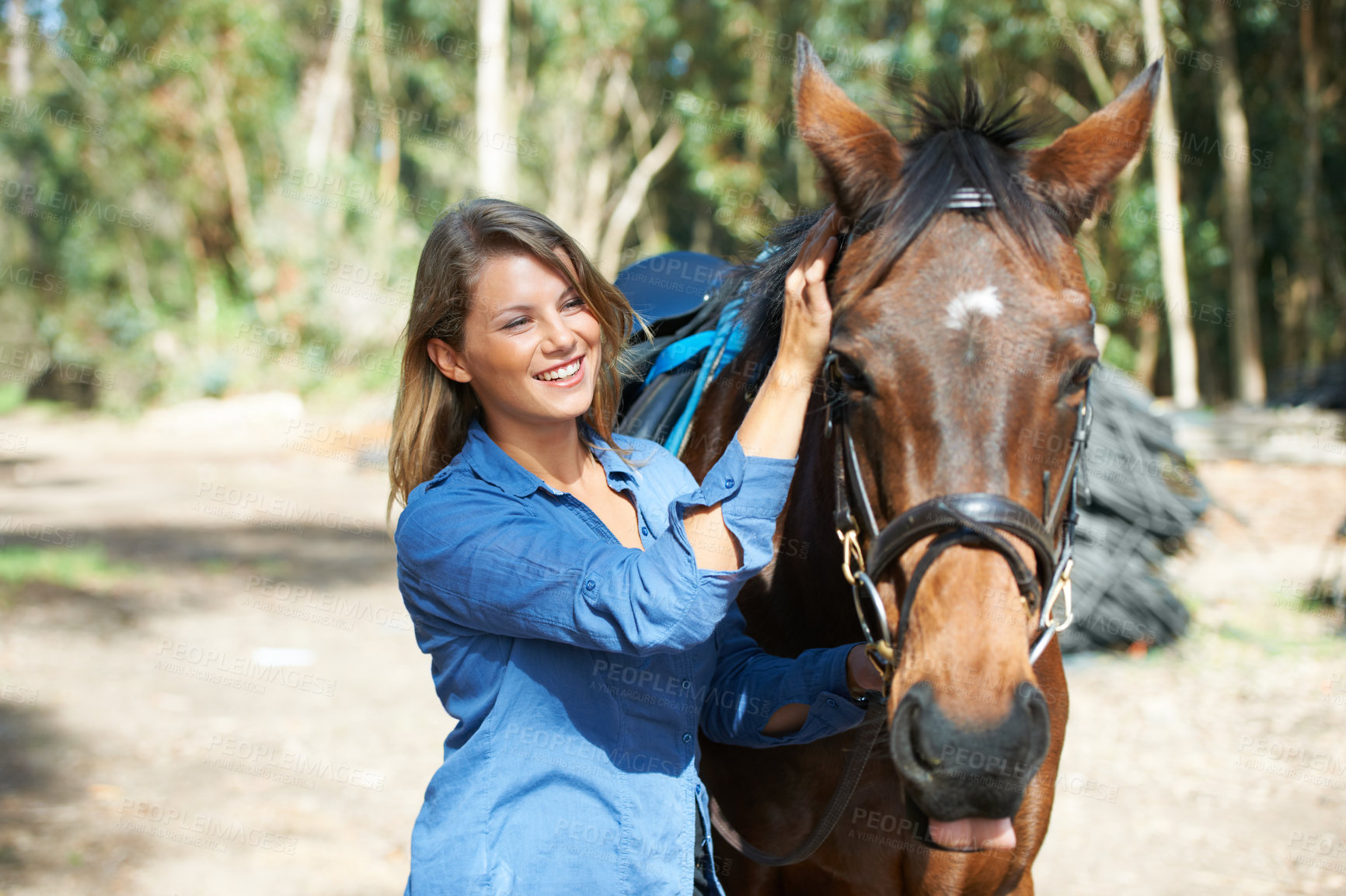 Buy stock photo Happy woman outdoor with horse, animal and equestrian with riding, countryside and ranch. Sports, recreation and farm, young rider in nature, stable and jockey with mare or pet, training for rodeo