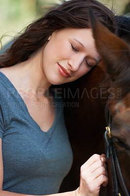 Buy stock photo Love, nature and young woman with her horse on an outdoor farm for sports racing. Smile, happy and confident female person from Canada with her equine animal or pet in countryside ranch for adventure