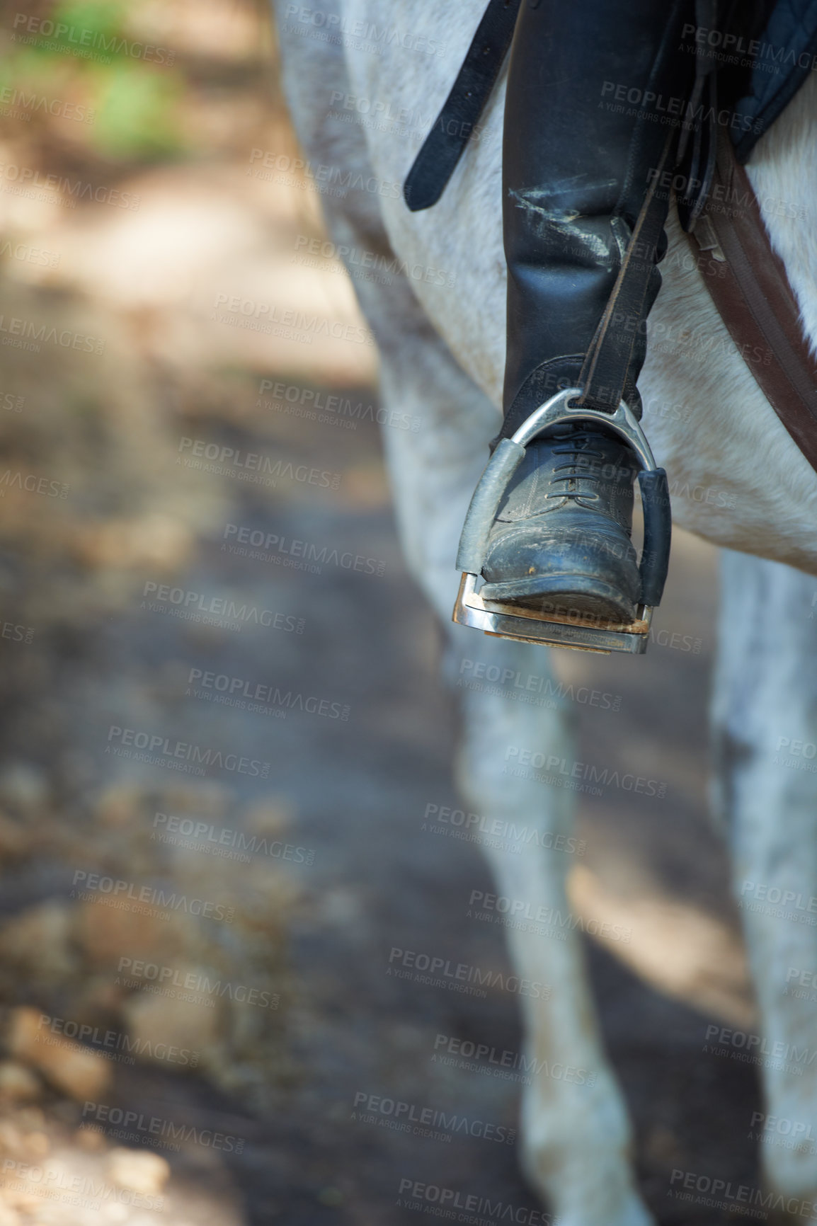 Buy stock photo Boots, horse riding or jockey in countryside outdoor with rider or person for recreation or wellness. Exercise, travel or closeup of athlete with a healthy animal for training or support on farm