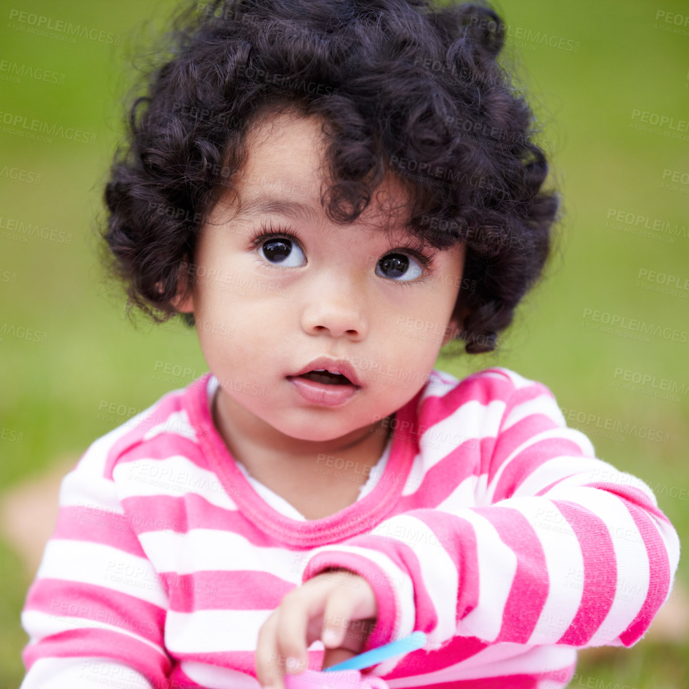 Buy stock photo Nature, cute and girl child in a garden playing with toy on the grass on summer weekend. Adorable, playful and young kid, baby or toddler with curly hair sitting on the lawn in outdoor field or park.