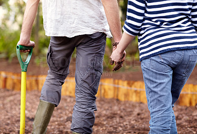 Buy stock photo Rear view of a young couple holding hands and surveying their vegetable garden