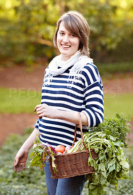 Buy stock photo Harvest, basket and portrait of woman with vegetables from gardening in backyard. Happy, person and container with healthy produce, fruits or plants from farming agriculture or garden in countryside