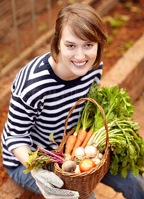 Buy stock photo Portrait, happy woman and produce for harvest from garden, organic and fresh for agriculture. Female farmer, smile and gloves on hands for farming, healthy food or sustainable development in wellness