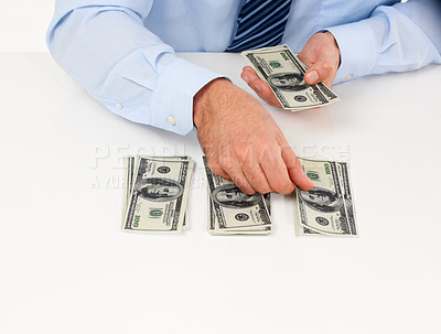 Buy stock photo Man, hands counting dollars and cash with money laundering, financial crime and commerce. Fraud, accounting and investment, businessman with payment and gambling, corruption with funding and finance