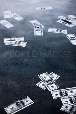 Buy stock photo Cash, currency and money on floor for investment, economy and banking for finance, payment and profit. Dollars, paper and bank notes on ground for savings, financial growth and investing for interest