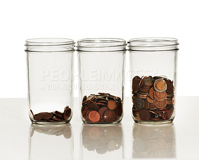 Buy stock photo Money, jar and coins on a white background for finance, investment and financial growth. Accounting, economy and container with cash for savings, profit and wealth for budget, donation and payment