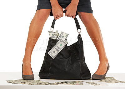 Buy stock photo Cash, currency and person with bag of money for finance, economy and banking for investment, payment and profit. Dollars, bank notes and woman for savings, financial growth and investing for increase
