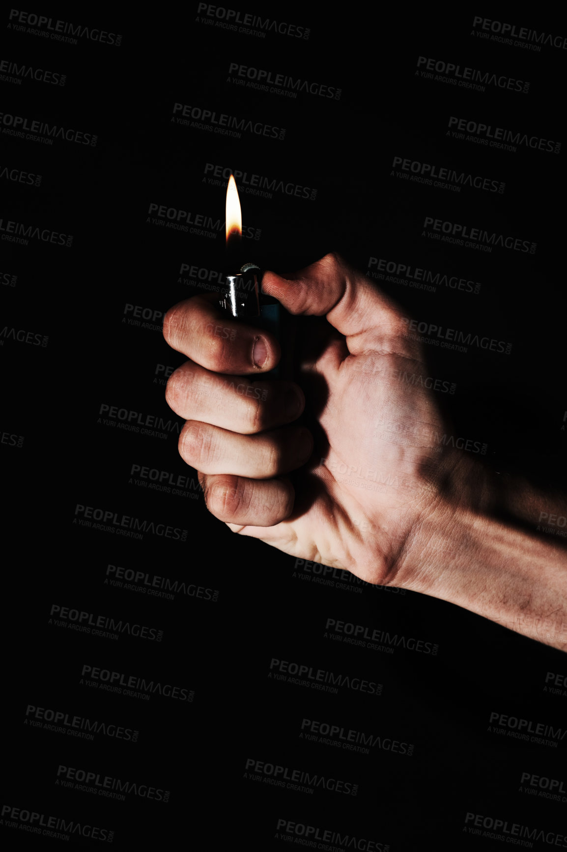 Buy stock photo Hand, lighter and fire on black background, heat or warm element, ignite and glow with person in studio. Burning, flame and mockup space, fuel or gas with power, thermal and light, abstract and spark