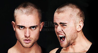 Buy stock photo Mental health, portrait and man with bipolar, disorder or illness in studio with scream or fear. Composite, guy and male person with trauma, anxiety or schizophrenia on black background or face