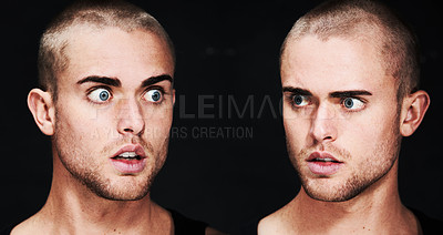 Buy stock photo Mental health, portrait and man with bipolar disorder or illness in studio with terror or fear. Double exposure, guy and male person with trauma, anxiety or schizophrenia on black background or face