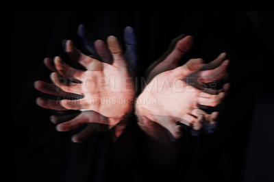 Buy stock photo Blur, ghost hands on black background and closeup in studio isolated on an abstract dark backdrop. Palm, fingers and demon, fantasy and surreal horror, fear danger and scary nightmare on Halloween