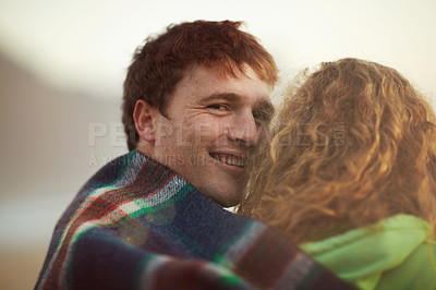 Buy stock photo Couple, outdoor and cold for adventure, smile and ginger together with blanket, enjoying and camping. Close up, man and woman for redhead, happiness and relationship with romance, bonding and hug