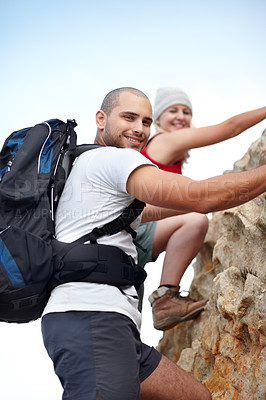 Buy stock photo Couple in portrait, rock climbing and hiking adventure in mountain with nature, freedom or power. Travel, trekking and hanging, man and woman on cliff for natural outdoor journey together in fitness.