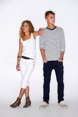 Buy stock photo Fashion, couple of friends and clothes with style and people, trendy and stylish isolated on white background. Young, man and woman model in a studio with casual clothing, beauty and pose together