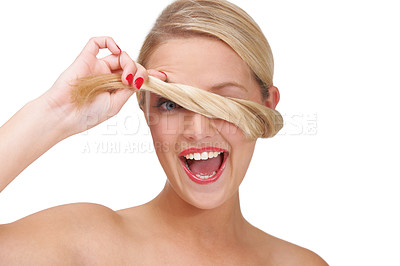 Buy stock photo Silly, blonde and woman portrait for beauty, cosmetics and hair care with smile in a studio. Happy, fun and ponytail blindfold with wellness, makeup and glow treatment with shine and white background