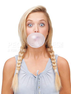 Buy stock photo Woman, bubblegum and bubble portrait with surprise and shock from eating sweets in a studio. Funny, silly female person and joke with comedy, modern fashion and pink candy with a white background