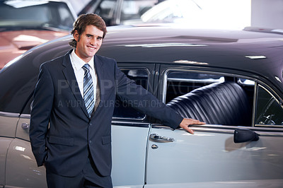 Buy stock photo Cars, happy and portrait of salesman at dealership with smile, transport and sales job. Professional, vehicle for driving and employee in showroom with career, confidence and selling transportation.