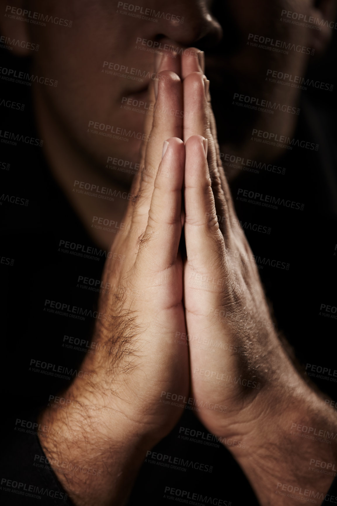 Buy stock photo Praying, hands and person for faith, hope and religion or asking for help with mental health, depression or support in dark room. Prayer emoji for peace, spiritual guidance and God or worship closeup