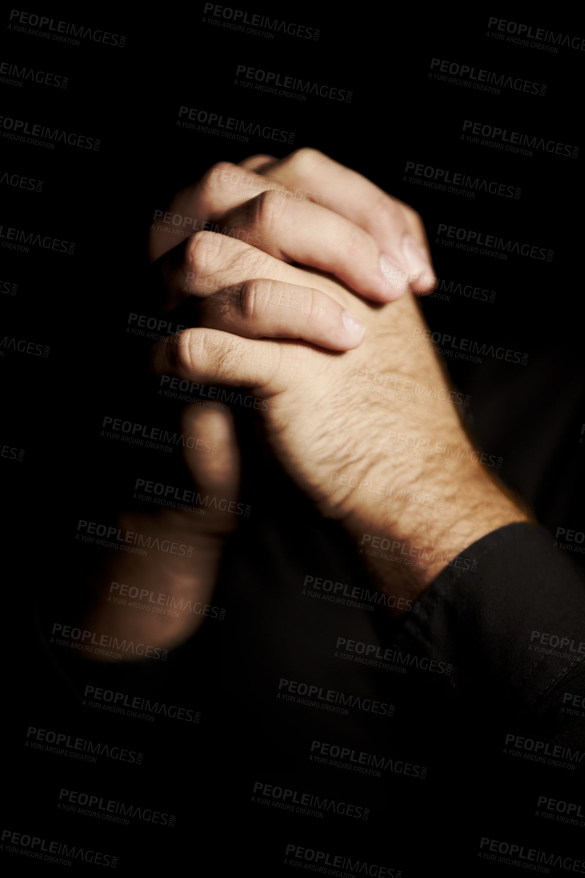 Buy stock photo Praying, hands and black background for faith, hope and religion or asking for help with mental health or support in studio. Prayer emoji, christian person and sorry, forgive or humanity in dark room