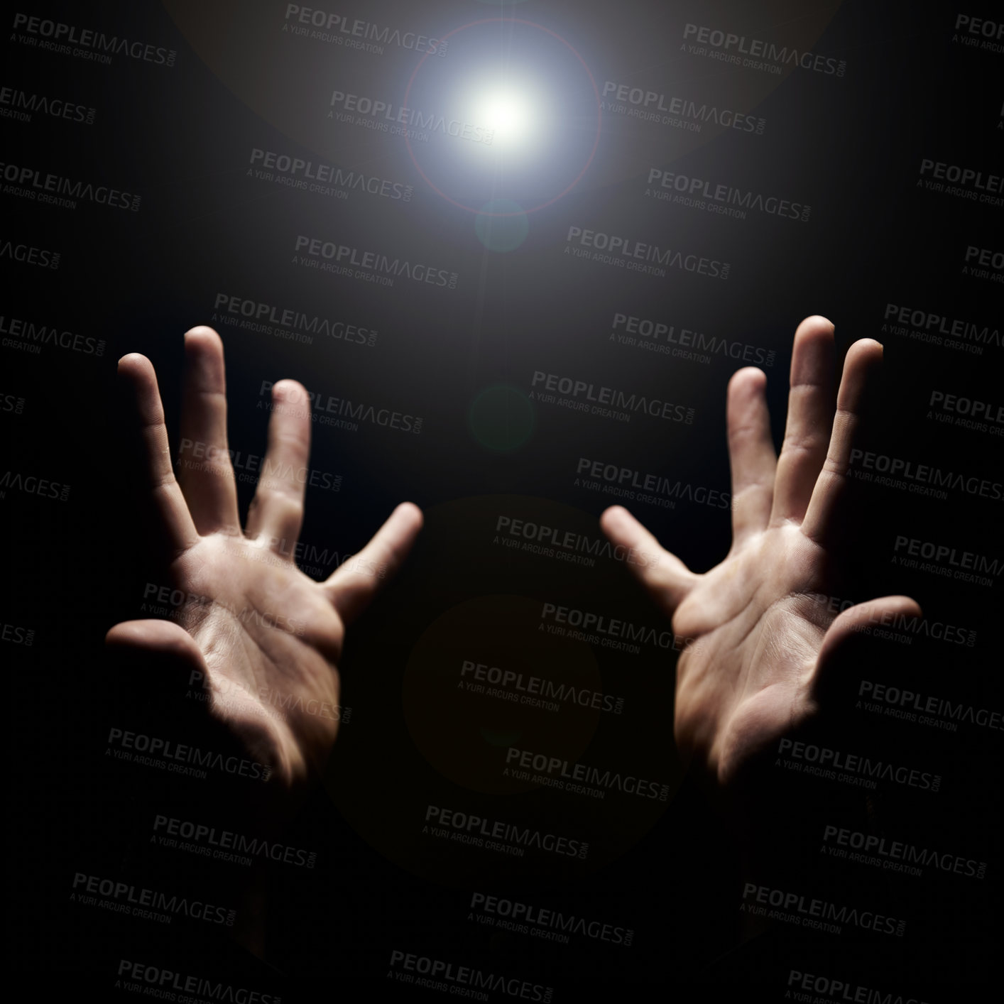 Buy stock photo Hands, pray and help from God with praise, closeup of holy person with gratitude and respect for religion. Guide, wellness and lens flare, worship and faith with hope and trust on dark background