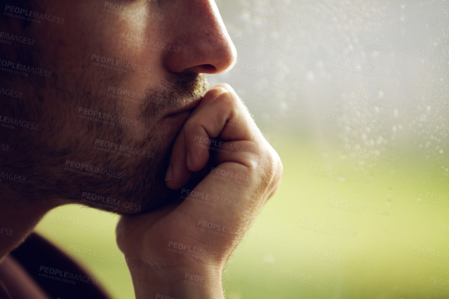 Buy stock photo Man, depression and thinking, crisis with mental health and sad, mockup space, feelings and grief. Pain, wellness and depressed with mindfulness, trauma or abuse, distress and upset with psychology