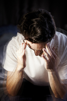 Buy stock photo Man, headache and depression, mental health with blur and massage temple for pain, grief and anxiety about life. Stress, burnout and financial crisis, bankruptcy and debt with trauma and psychology