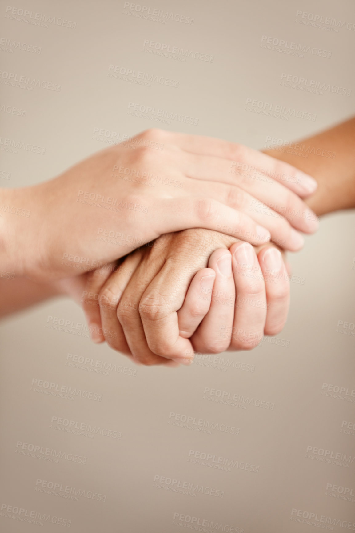 Buy stock photo Empathy, support and prayer with people holding hands in comfort, care or to console each other. Trust, help or love with friends praying together during depression, anxiety or the pain of loss