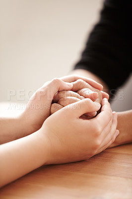 Buy stock photo Empathy, trust and kindness with people holding hands in comfort, care or to console each other. Support, help or love with friends praying together during depression, anxiety or the pain of loss