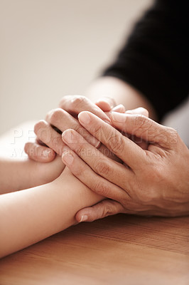 Buy stock photo Support, love and solidarity with people holding hands in comfort, care or to console each other. Trust, help or empathy with friends praying together during depression, anxiety or the pain of loss