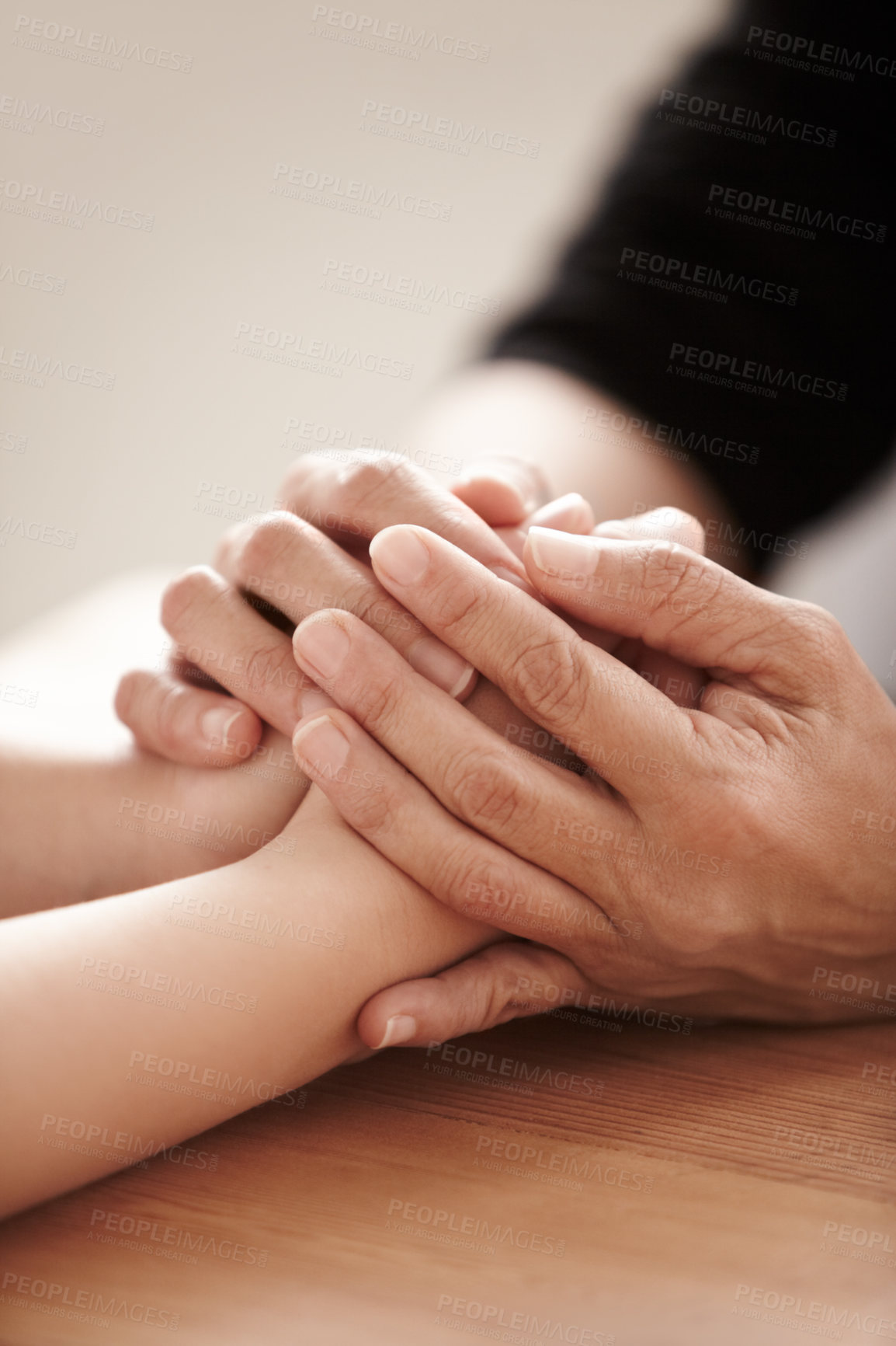 Buy stock photo Support, love and solidarity with people holding hands in comfort, care or to console each other. Trust, help or empathy with friends praying together during depression, anxiety or the pain of loss