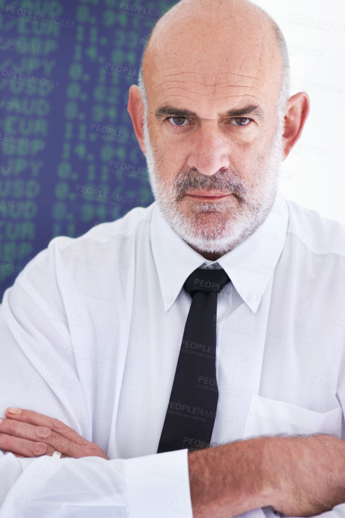 Buy stock photo Stock exchange portrait, arms crossed and serious man, senior trader or broker with confidence in financial crypto market. Trading numbers, finance data and male person focus on business investment