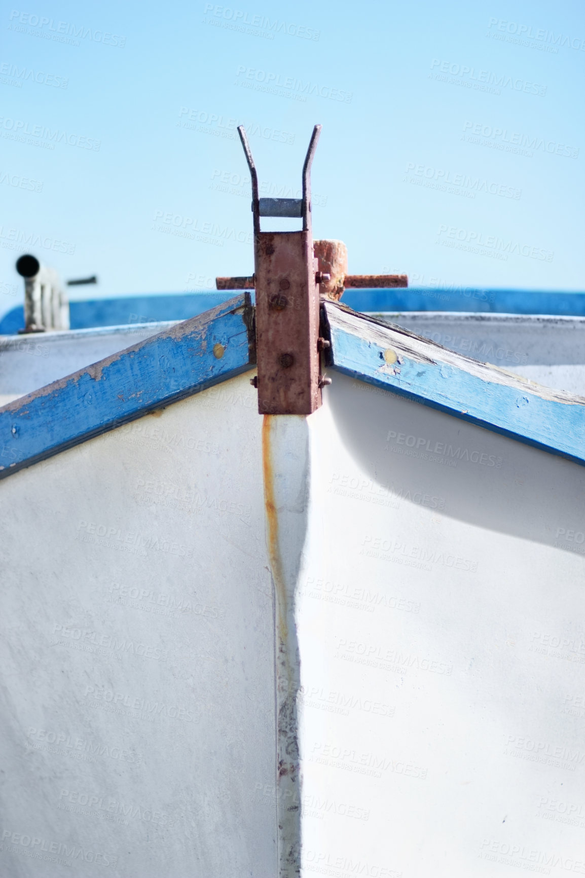 Buy stock photo Front of a small fishing boat with nobody inside it