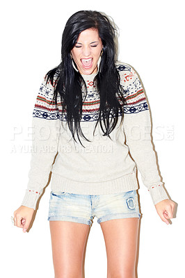 Buy stock photo Anger, screaming and woman on a white background with crisis, mistake and mental health in studio. Anxiety, fashion and isolated model person shout in trendy clothes, casual outfit and style